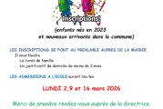 Inscriptions rentrée scolaire 09/2026