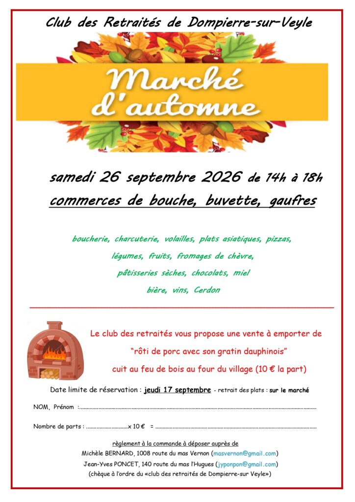 Marché d’automne du Club des Retraités de Dompierre-sur-Veyle le 26 septembre 2026
